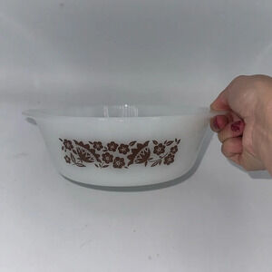 small white with brown floral vintage Glasbake dish